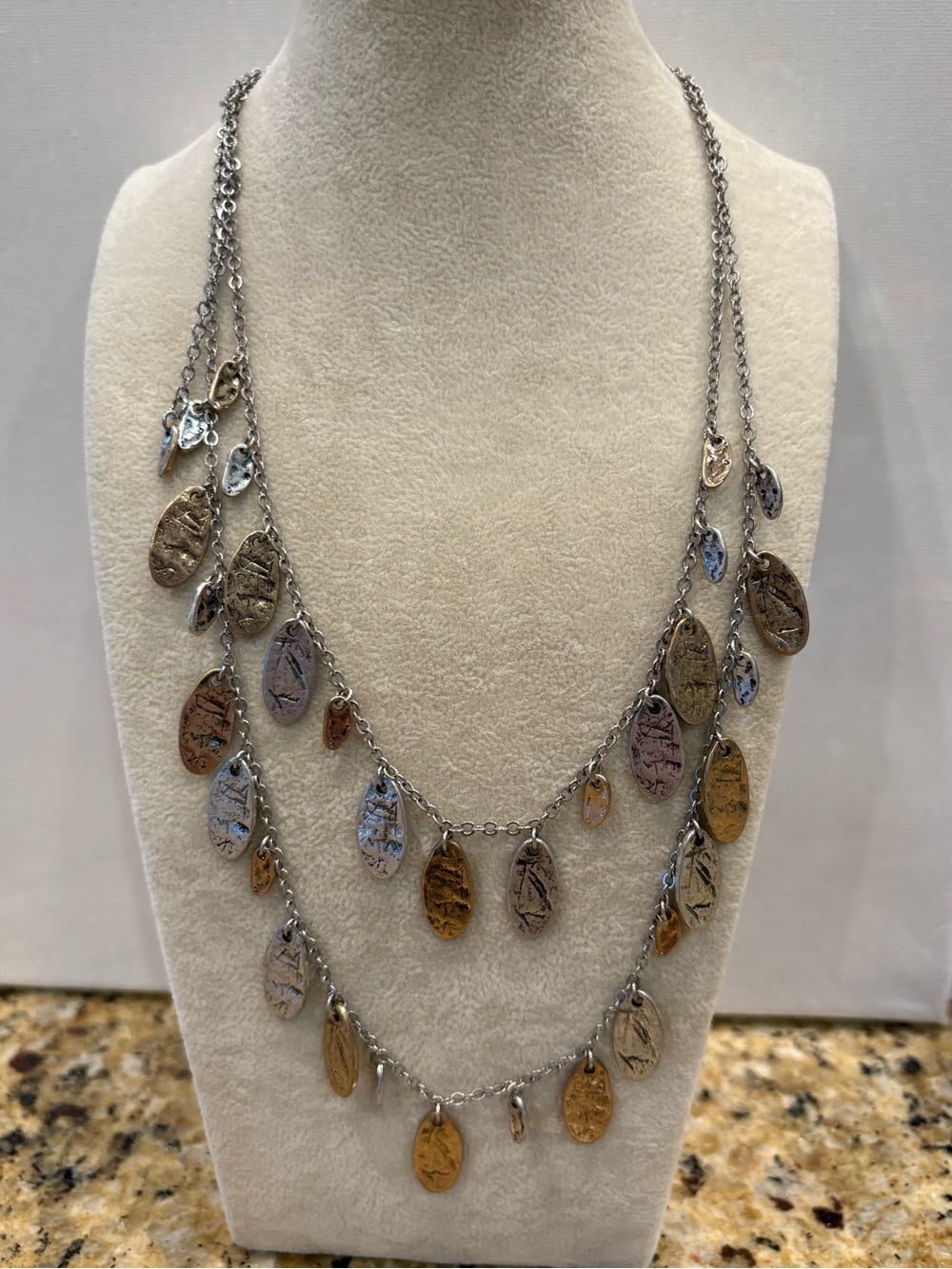 Chico's Multi-Tone Coin Drop Layered Necklace - Silver, Gold, Rose